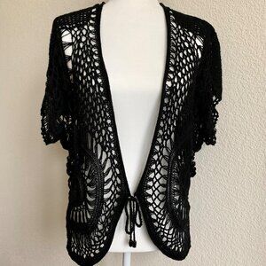 BCBG Black Macrame Tie-Front Short Sleeve Cardigan L